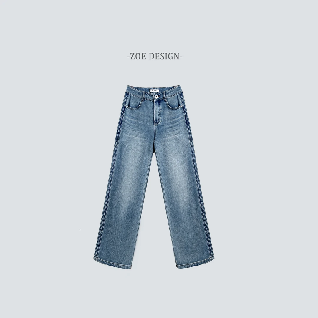 Zoe Studio 莱赛尔天丝Z字纹高腰阔腿裤水洗直筒百搭牛仔裤 55008