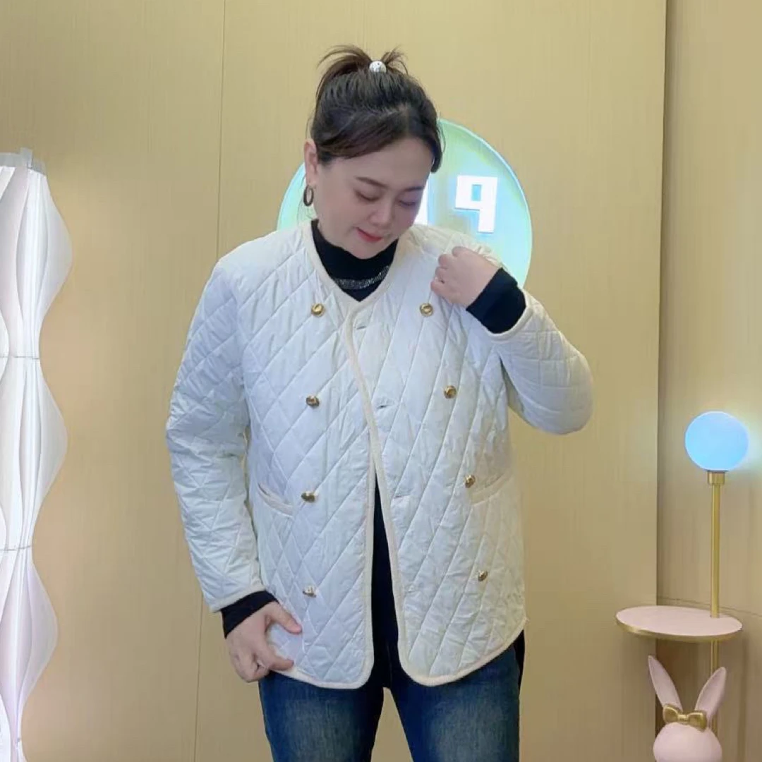 小香风双排扣显瘦轻薄夹棉外套棉衣秋冬新款大码女装轻便百搭上衣