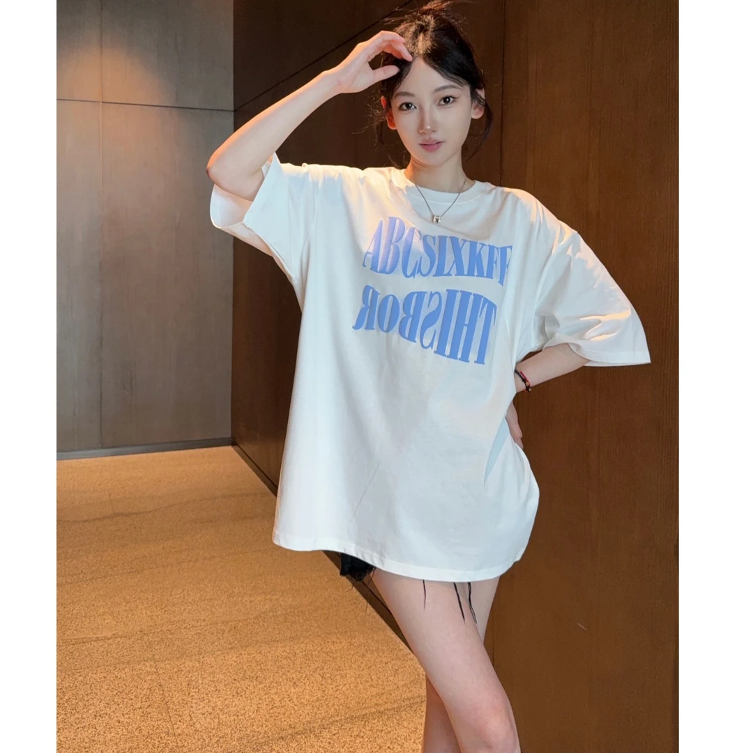 汪一一【韩代ABC】2025夏季新款白色字母T恤女中长款短袖宽松纯棉