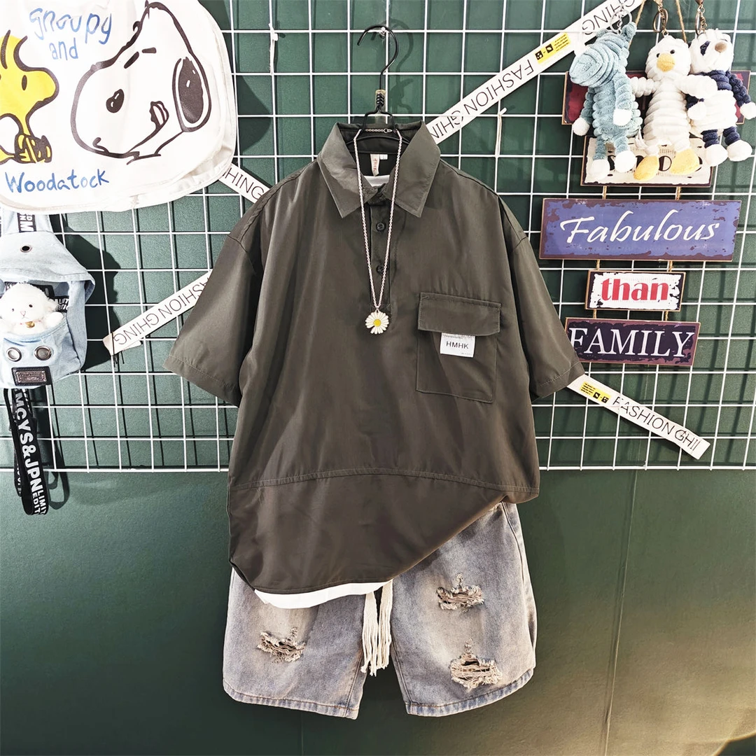 日系工装假两件短袖衬衫男生夏季休闲套装痞帅一套搭配破洞牛仔裤