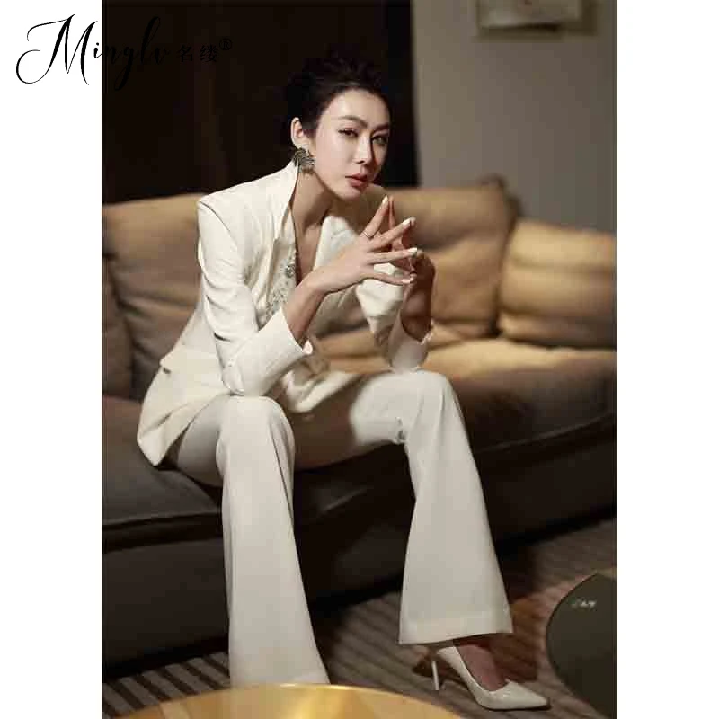2025秋冬季重工订钻修身白色西服套装裤高贵气质职业商务气质女装