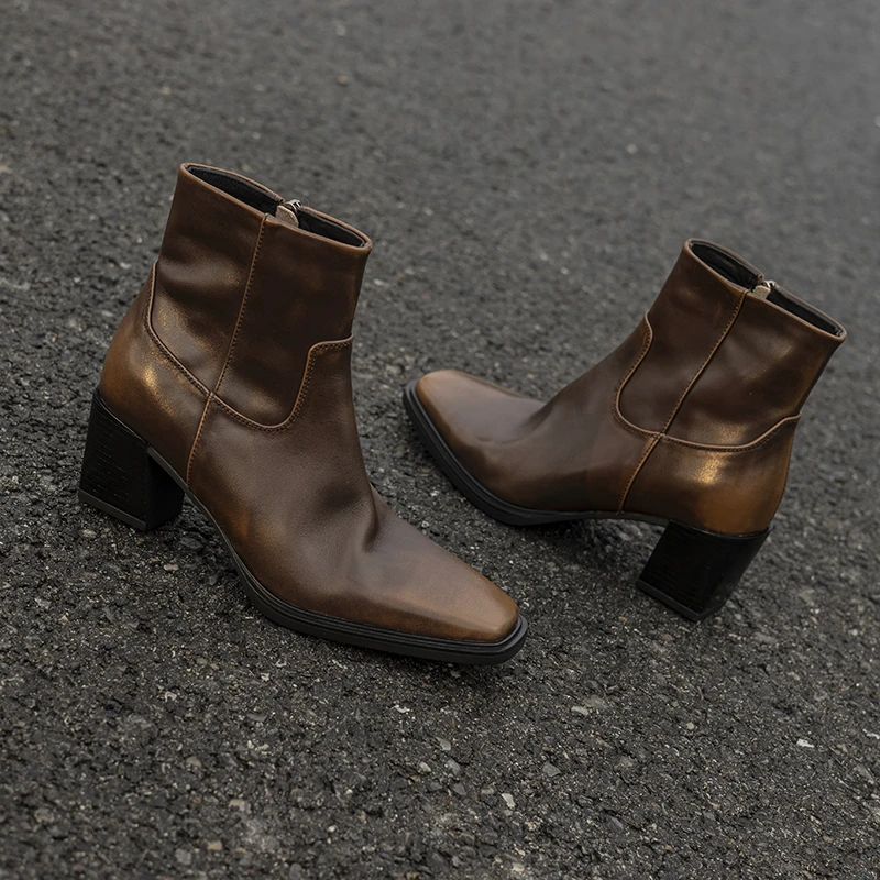 跟高6厘米/做旧头层牛皮/粗跟短靴女靴秋冬百搭真皮高跟方头靴子