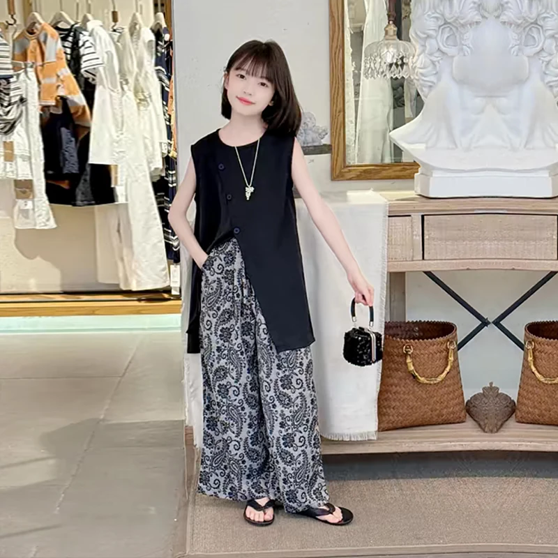 女童夏季无袖套装2025新款中大童慵懒风气质上衣儿童阔腿裤两件套