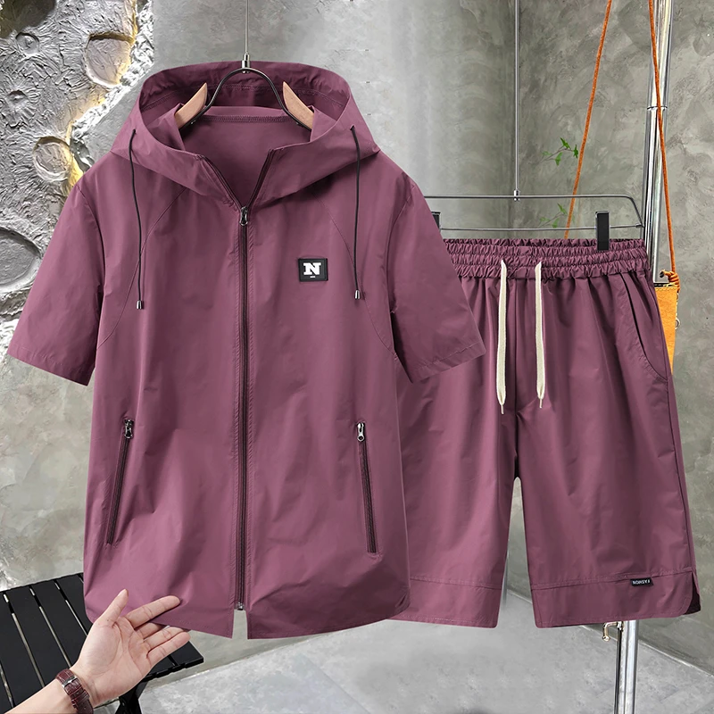 加肥加大男士连帽时尚休闲套装潮胖子短裤半袖薄款嘻哈风男士套装