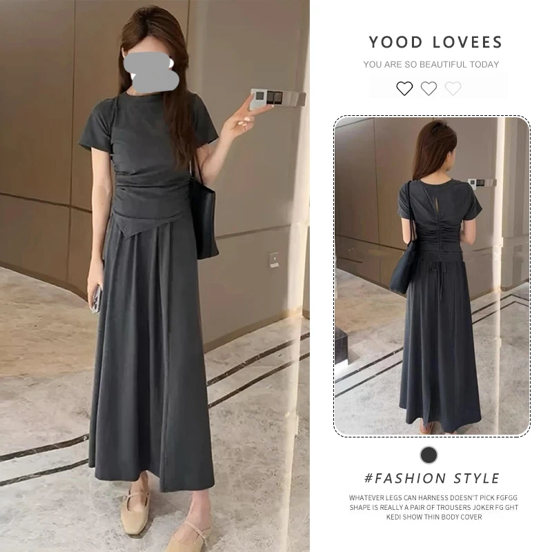 夏季新款气质时尚休闲圆领不规则下摆收腰短袖t恤上衣半身裙套装