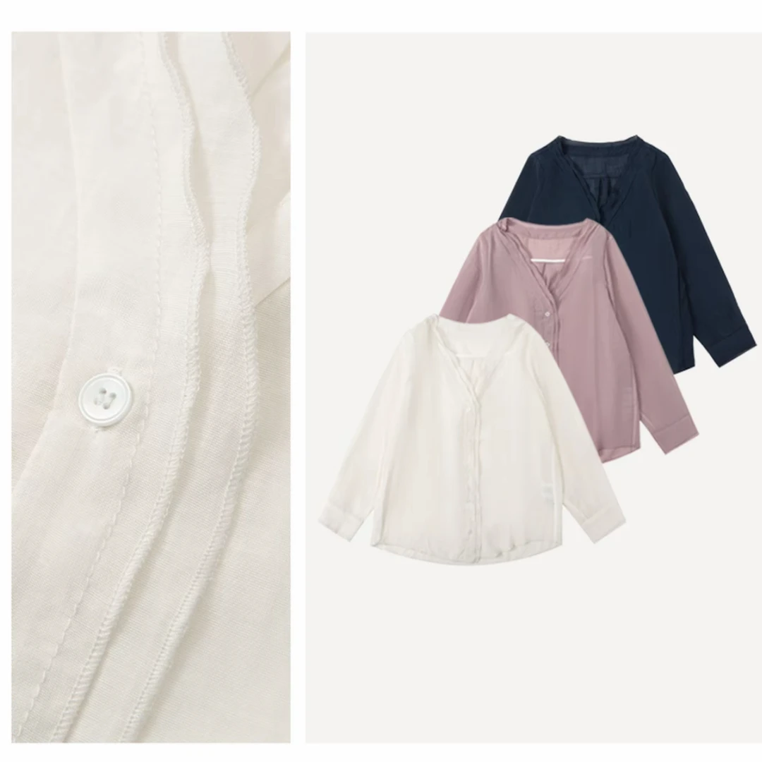 2025夏季通勤简约双层花边V领微透防晒宽松衬衣设计款女上衣潮流