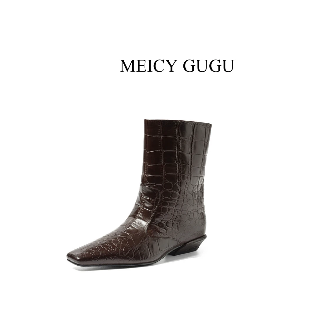 MEICY GUGU·复古鳄鱼纹方头中筒短靴174