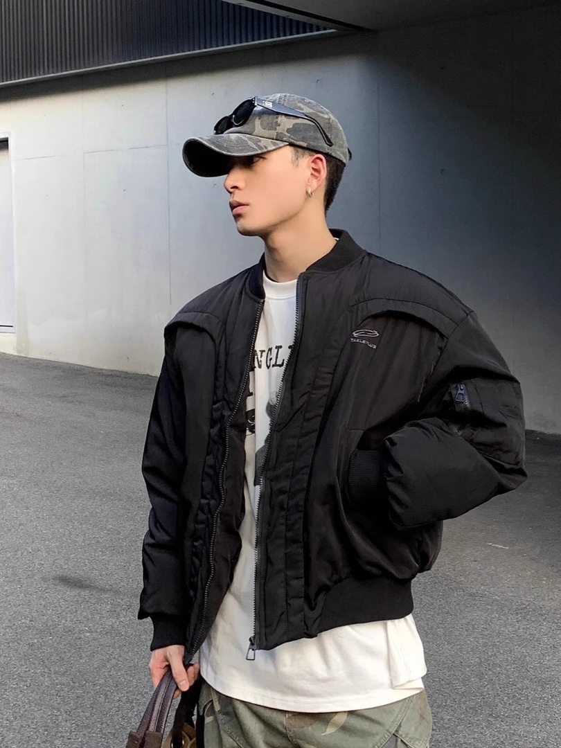 冬季男加厚棒球服棉衣美式解构弧形设计感小众飞行员棉服机车夹克
