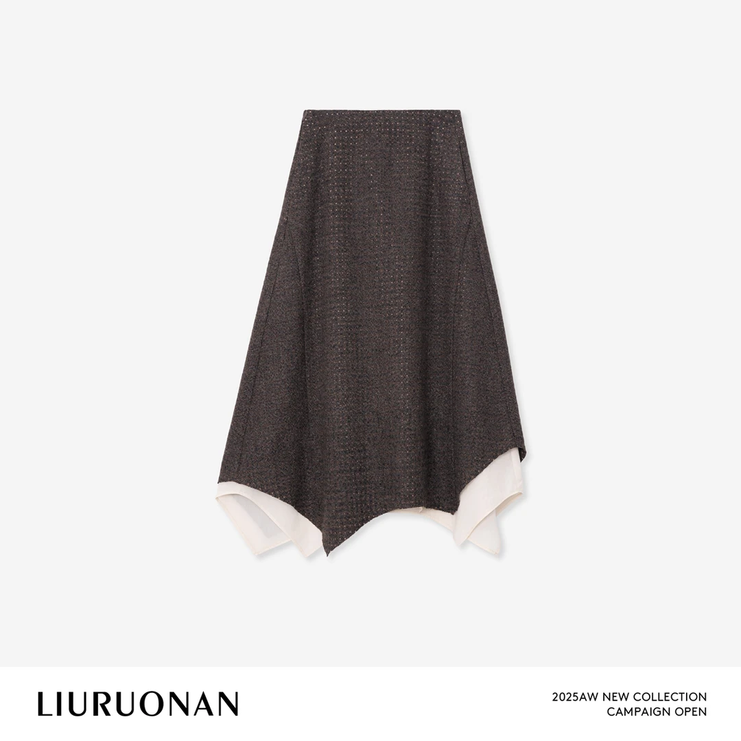 LIURUONAN 25WIN【惠兰】不对称裙摆双层镂空纹理气质显瘦半身裙女