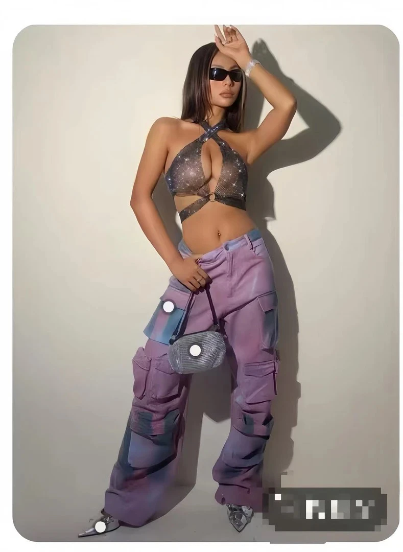 紫色彩绘薄款多口袋工装裤