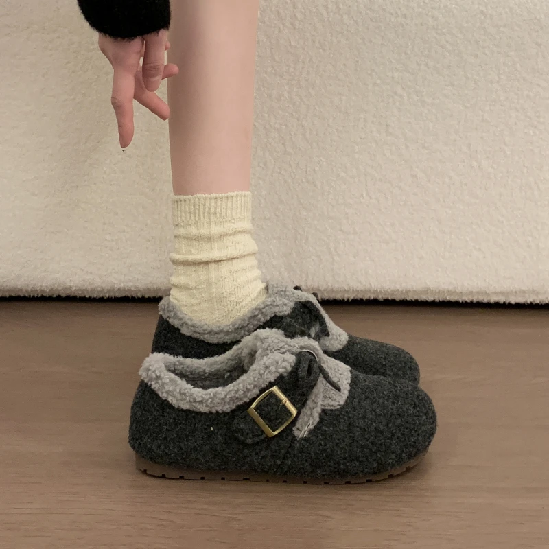 毛呢勃肯鞋女款爆款棉鞋2025新款冬一脚蹬加绒保暖毛毛鞋豆豆鞋子