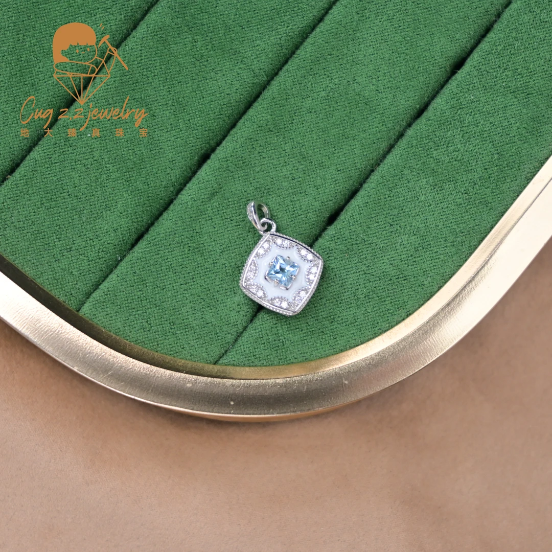 天然海蓝宝白色典雅复古吊坠意式宝石项链925银