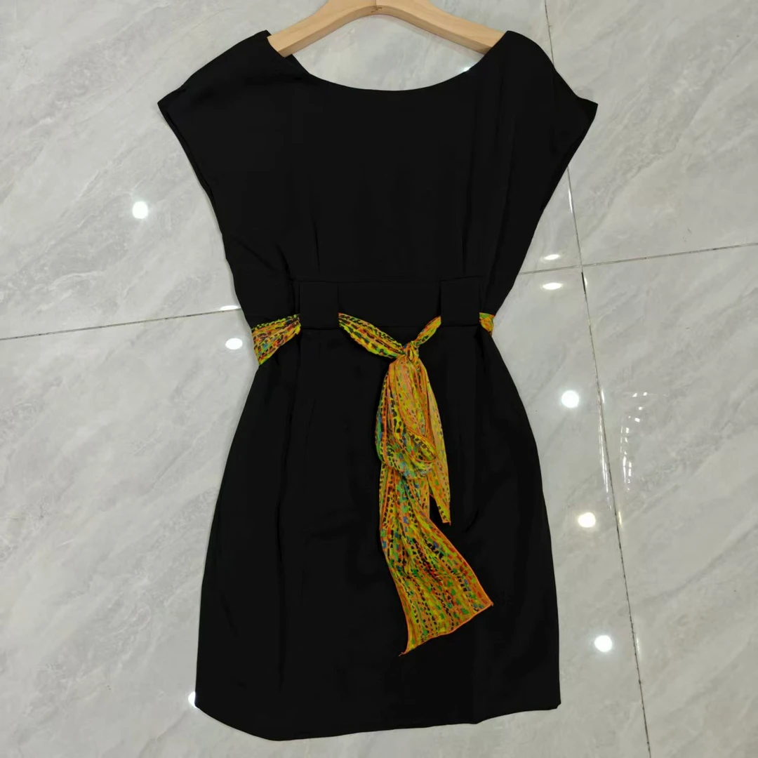 2005中国风高中长裙娃娃领短袖连衣裙黑色设计师收腰百搭