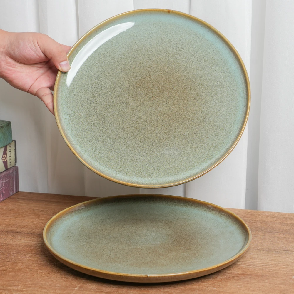 【瑕疵】大盘釉下彩陶瓷盘家用复古窑变复古绿高级餐盘K5D
