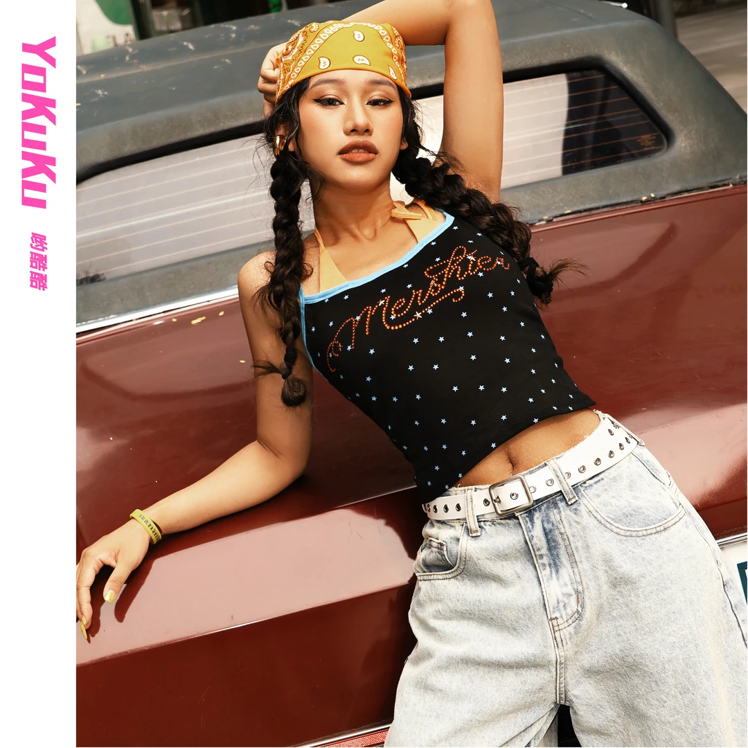 哟酷酷（星星叠叠乐）撞色假两件一体杯烫钻字母印花吊带无袖背心