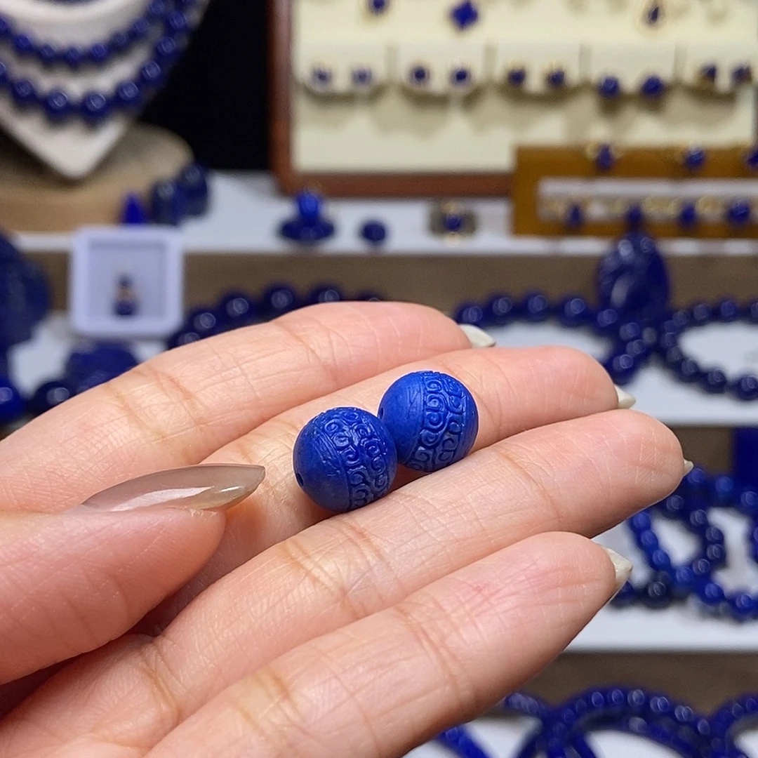 过***烟青金石未镶嵌精品回纹对珠10mm+