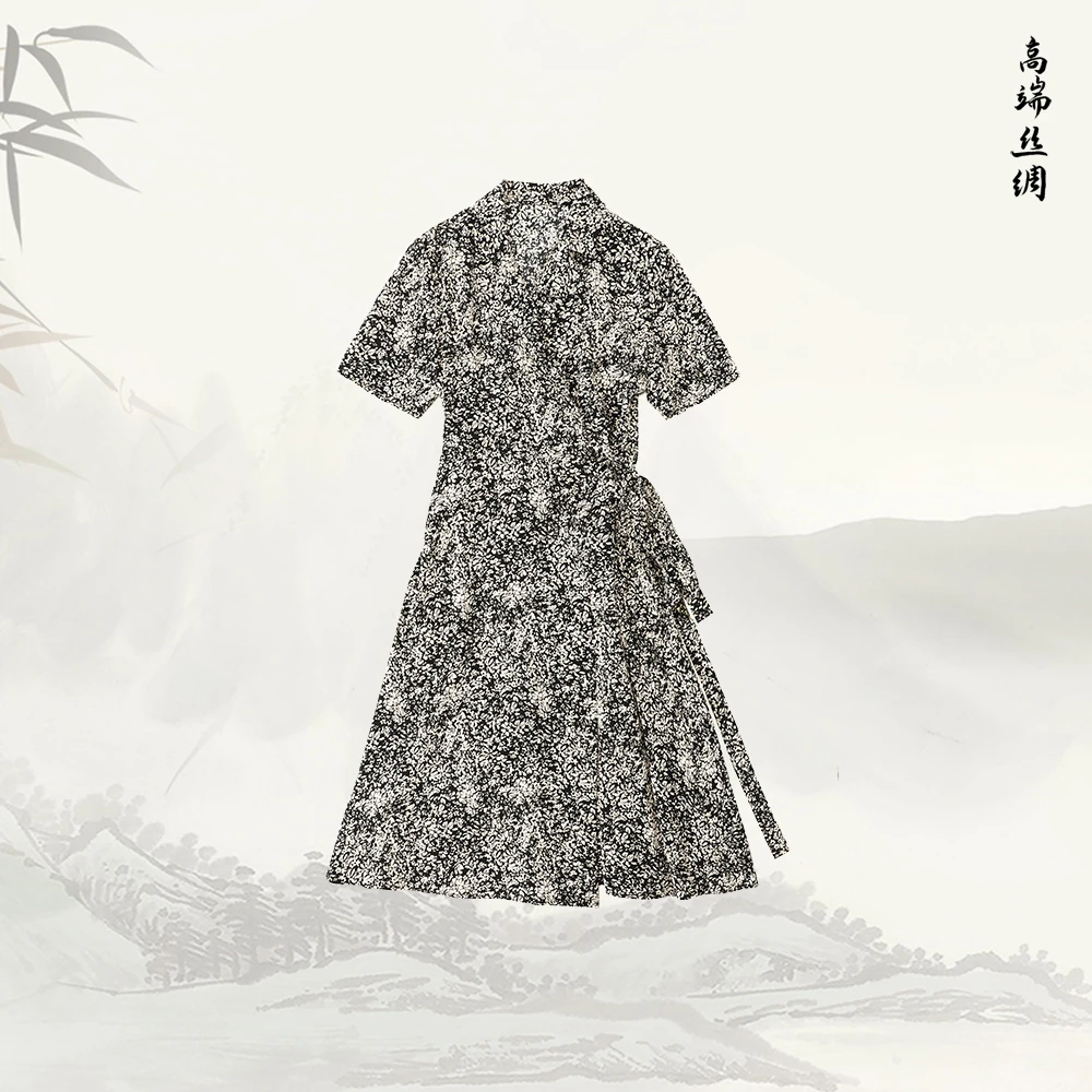品牌新款桑蚕丝黑白碎花短袖系带收腰裹身连衣裙529469