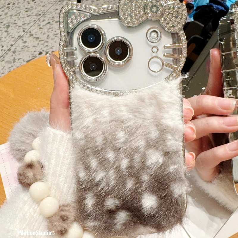甜酷毛绒鹿纹KT闪钻镜框适用iphone17promax手机壳16女款15苹果14