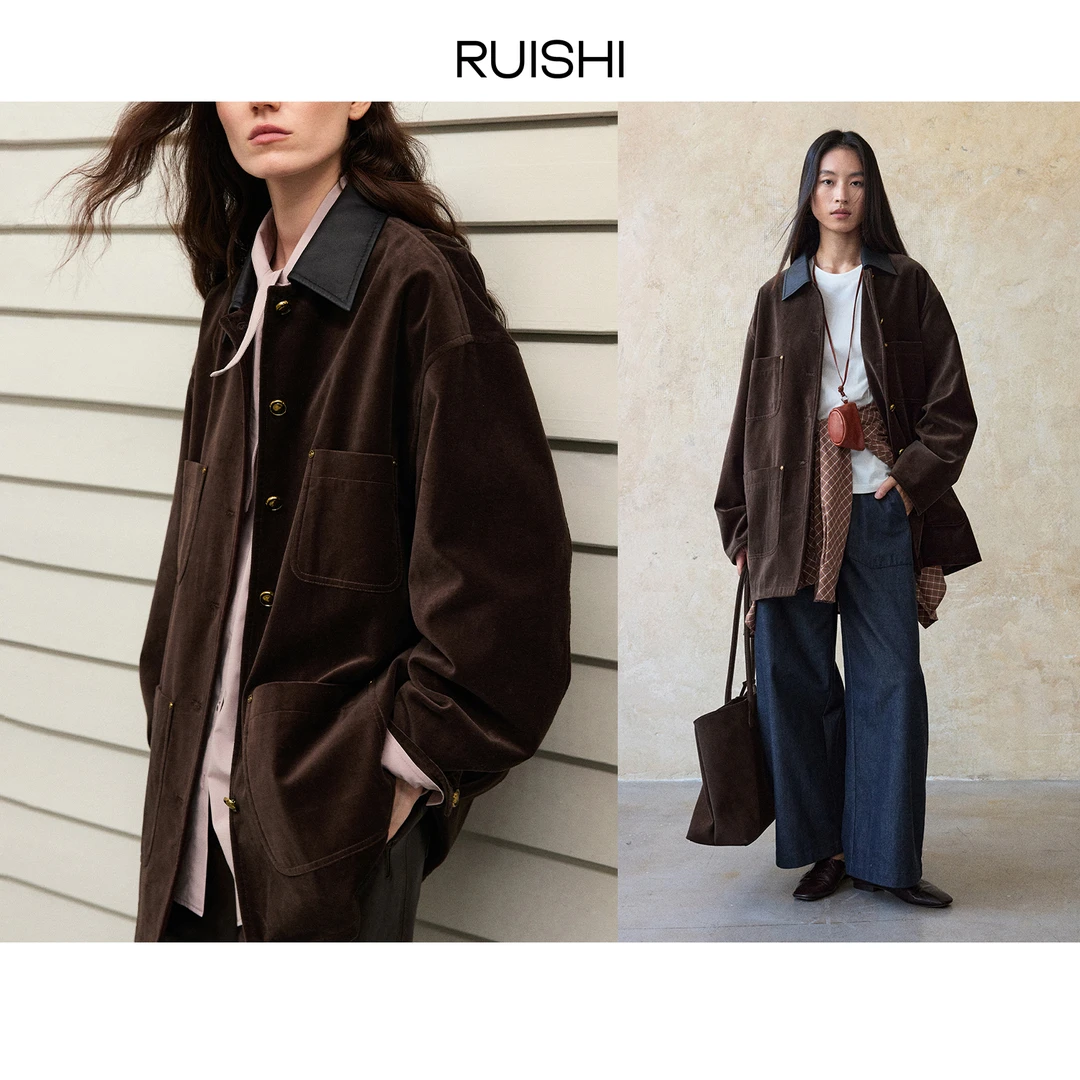 RUISHI芮时 “巴恩新序”翻领植丝绒复古皮领夹克外套秋R25C1124801