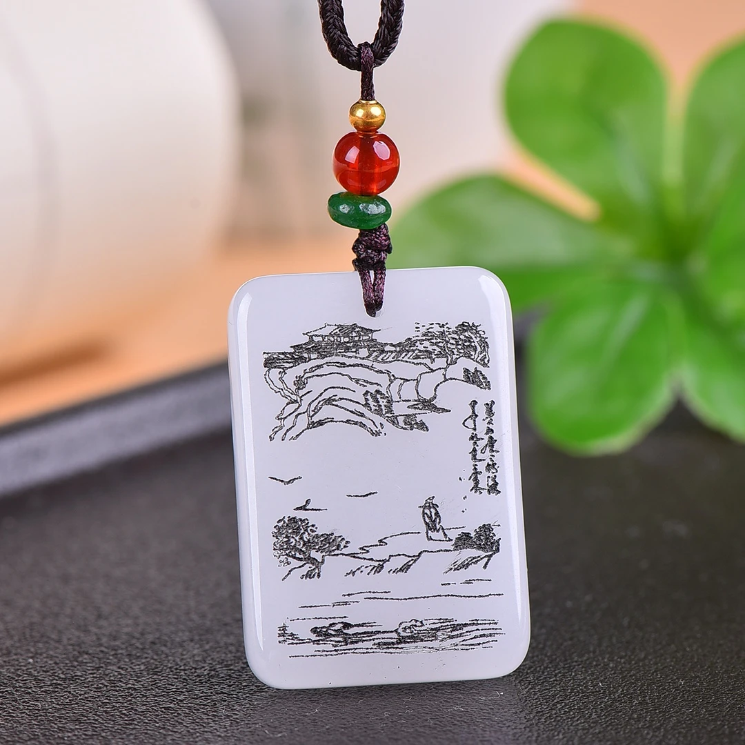 天然新疆白色玉石金丝玉后德载物吉祥山水牌子吊坠玉佩平安牌挂件