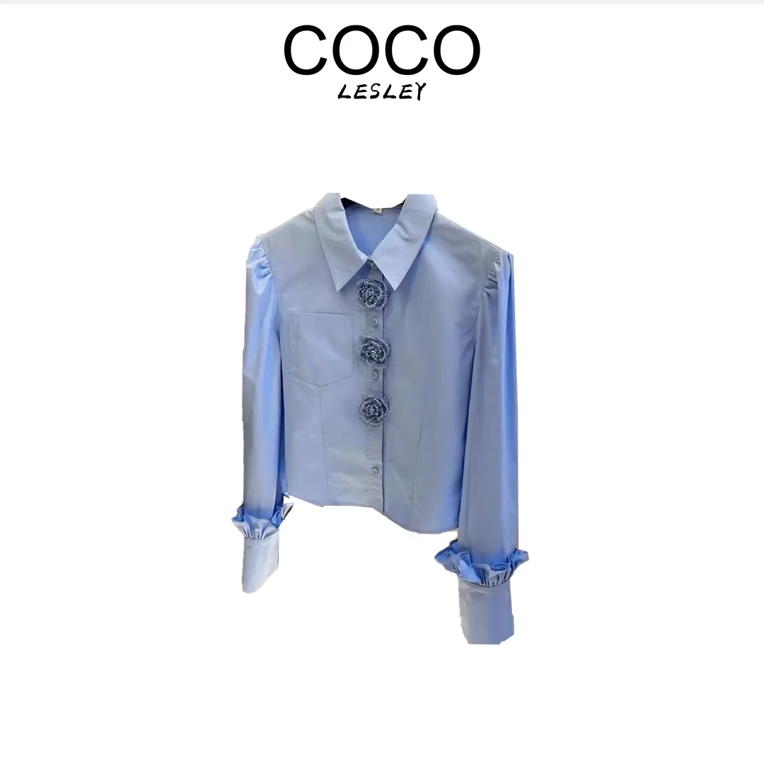 G韩系个性钉珠立体花朵遮肚子蓝色衬衫3382