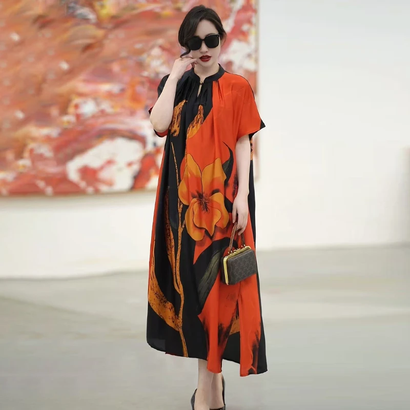 H夏季经典高级感贵夫人洋气显瘦印花连衣裙宽松大码真丝长裙