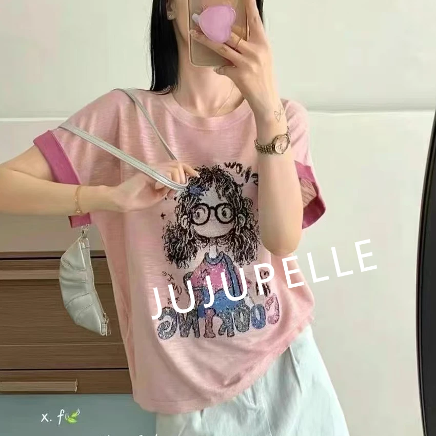 竹节麻~可爱小女孩提花2025夏季新款圆领针织衫套头短袖T恤上衣女