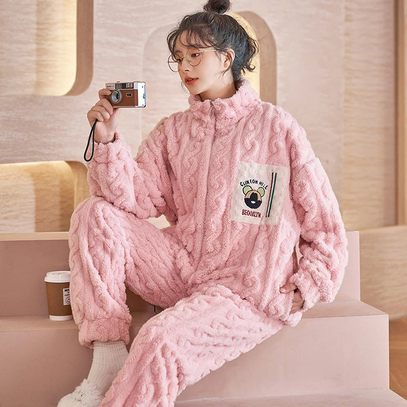 秋冬季法兰绒睡衣女士甜美加厚珊瑚绒可外穿拉链家居服套装 2221