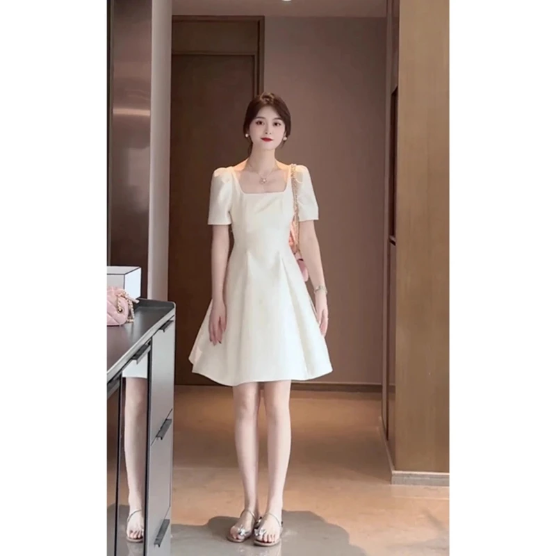 2025夏季新款法式高级感小个子a字裙收腰显瘦小香风白色连衣裙女