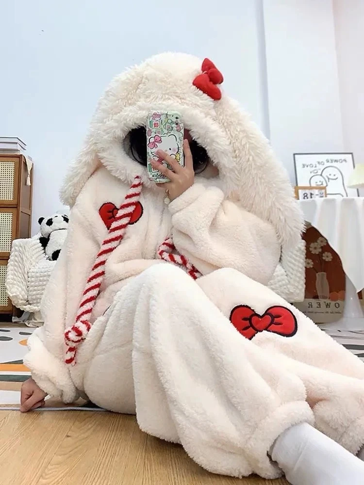 可爱兔子连体珊瑚绒睡衣女冬季加绒加厚蝴蝶结家居服毛绒睡袍冬款