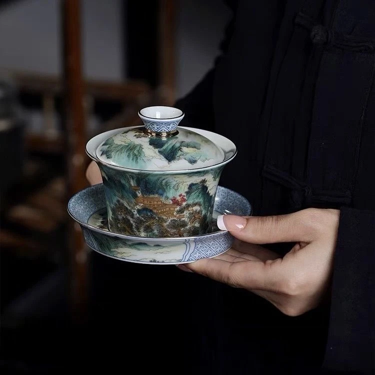 景德镇陶瓷  珐琅釉上粉彩锦绣山河马蹄三才盖碗纯手工高档茶具
