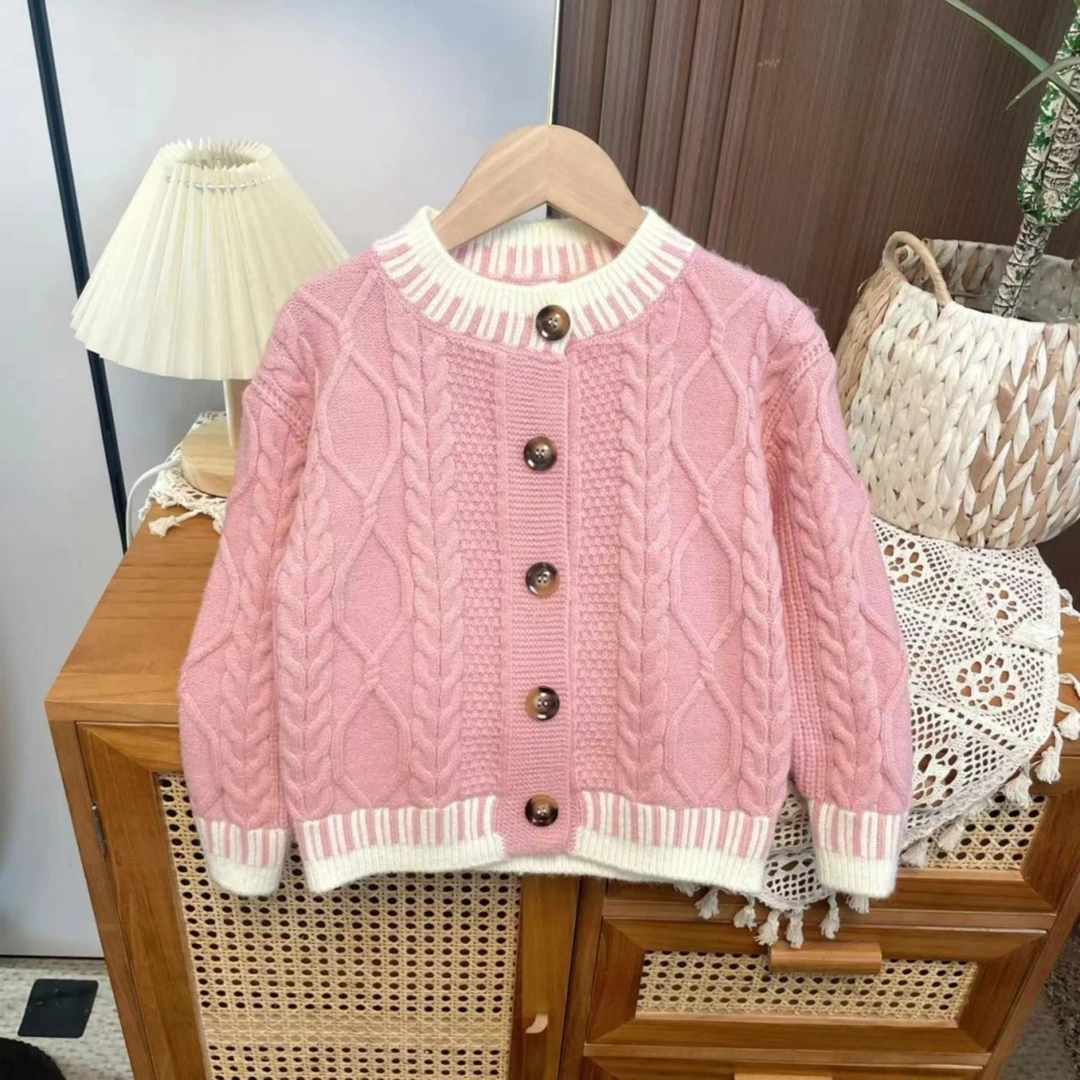 【女童绞花毛衣开衫】女童2025春季新款粉色针织衫外套中大女童长袖
