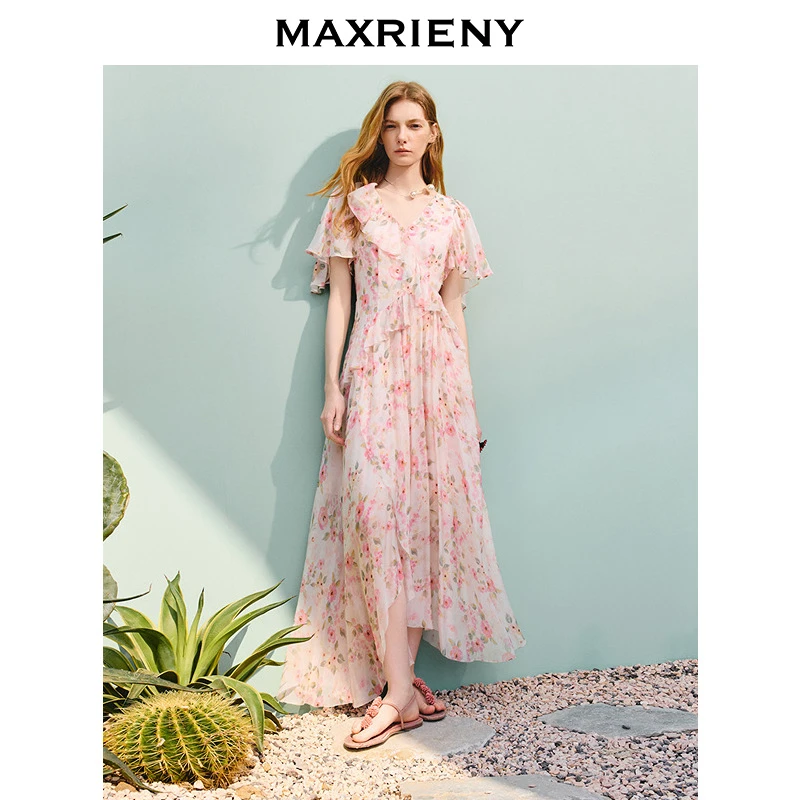 【商场同款】MAXRIENY浪漫度假风连衣裙25夏款荷叶边收腰碎花长裙