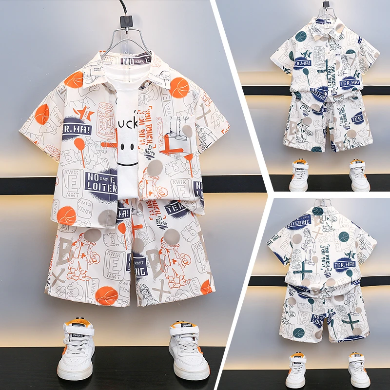 男童夏装衬衫套装2025新款儿童夏装薄款三件套男男宝帅气潮服套装