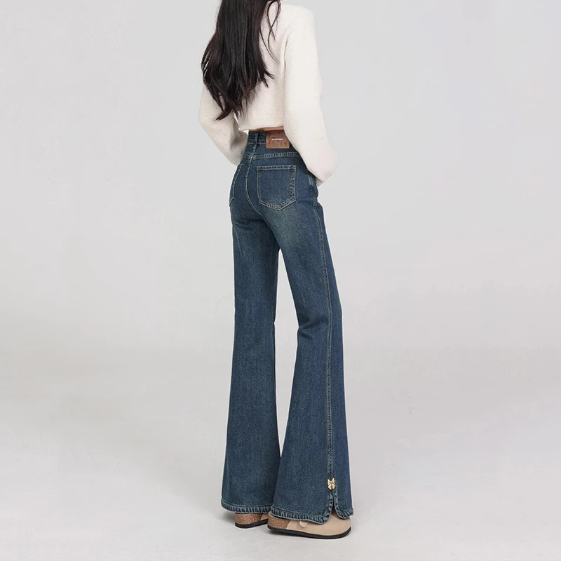 复古侧开叉牛仔裤女春季2025新款微喇裤高个子加长马蹄喇叭裤
