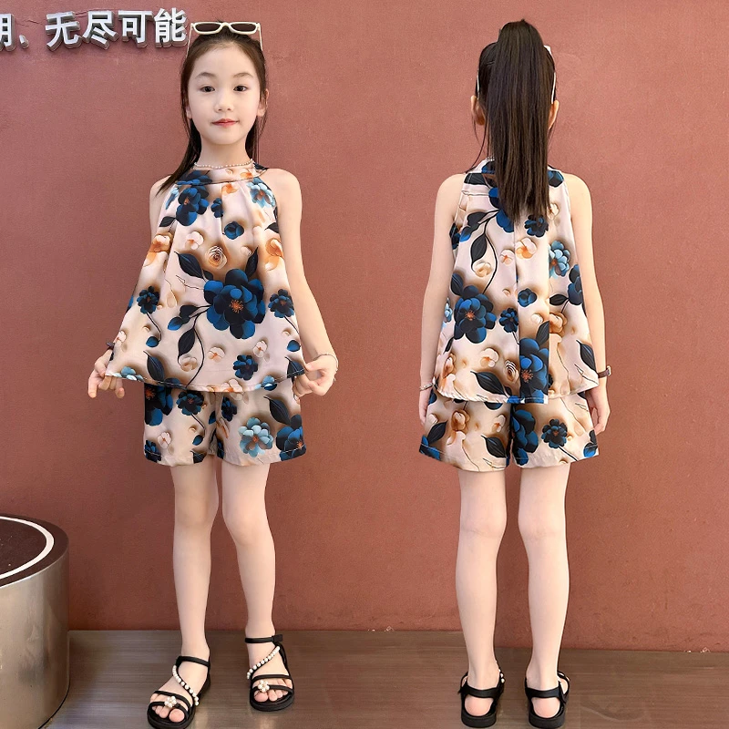 女童挂脖背心短裤套装2025夏款洋气冰丝雪纺娃娃衫花朵无袖两件套