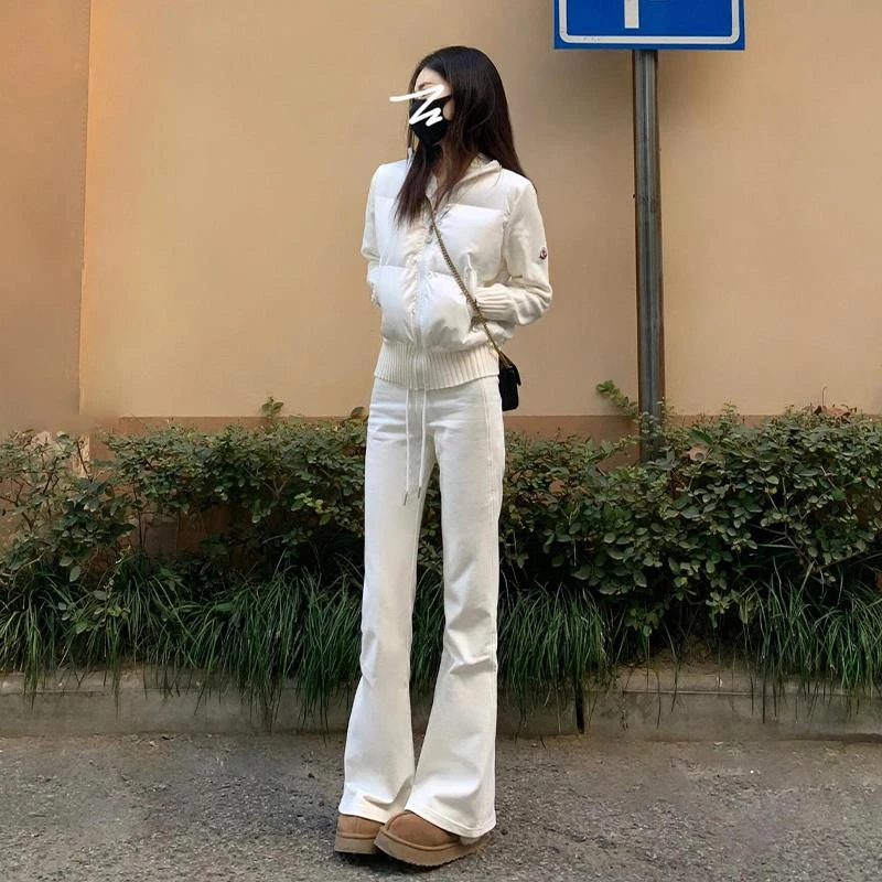 美式白色喇叭裤女冬季2024新款高腰阔腿裤微喇瑜伽运动裤休闲卫裤