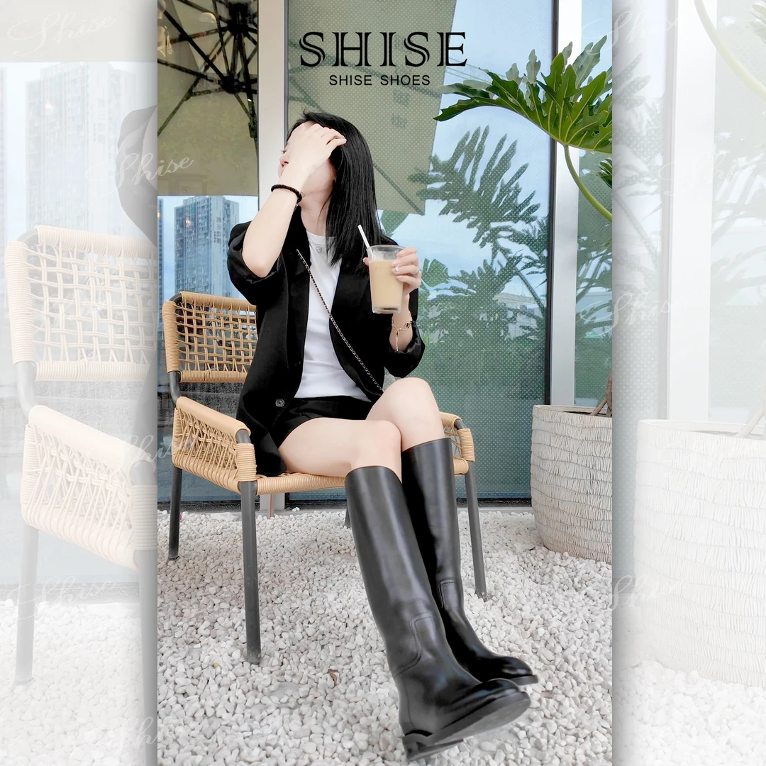 SHISE进口小牛皮立体靴弯刀型高筒长靴女骑士靴