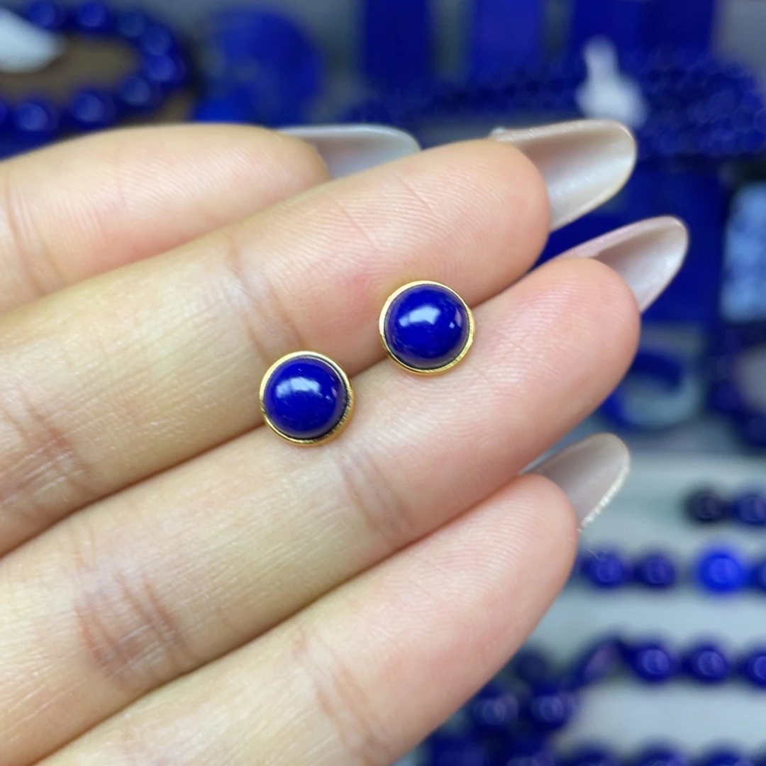 青金石银S925镀金镶嵌7mm耳饰