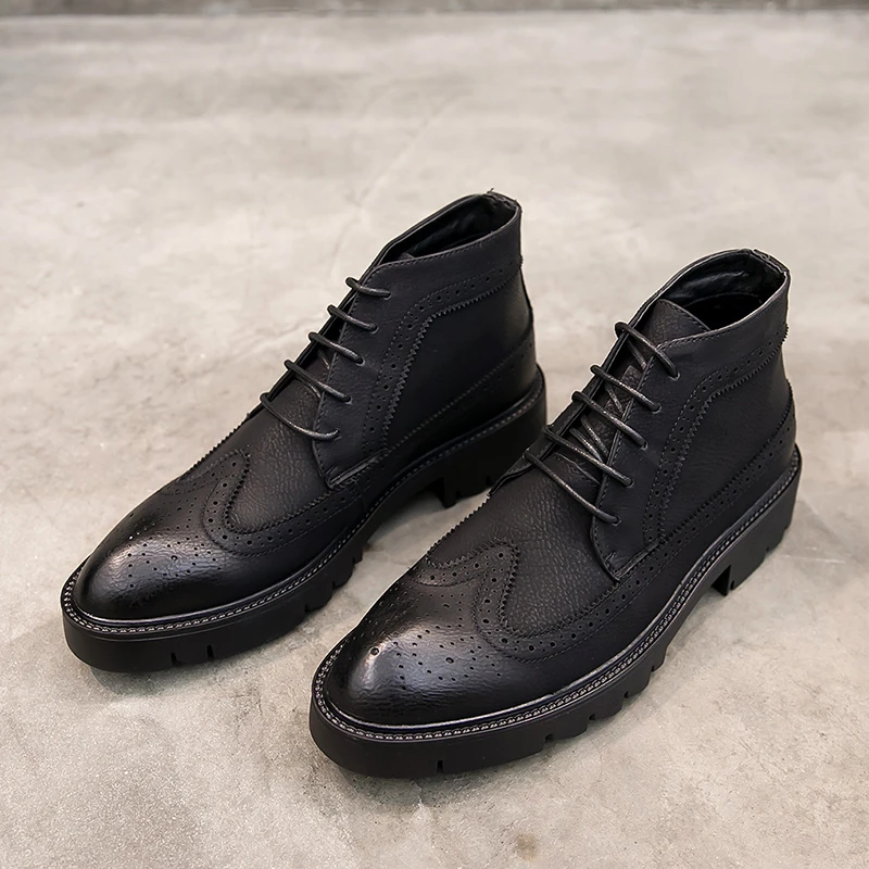 181-2商务透气中帮皮鞋布洛克男鞋冬季尖头透气百搭加绒马丁靴