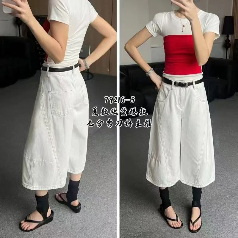 美式复古白色七分阔腿高腰直筒牛仔中裤女时尚设计感