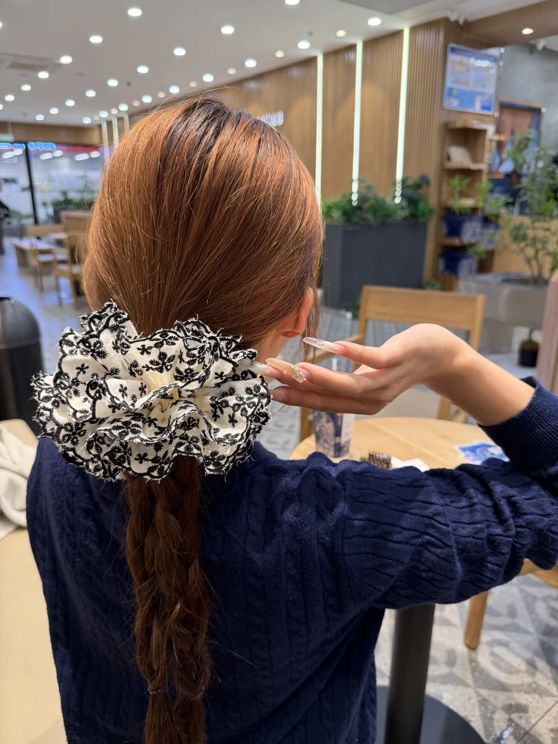 重工多层复古原创设计黑色刺绣大肠发圈高级感丸子头扎头发发圈