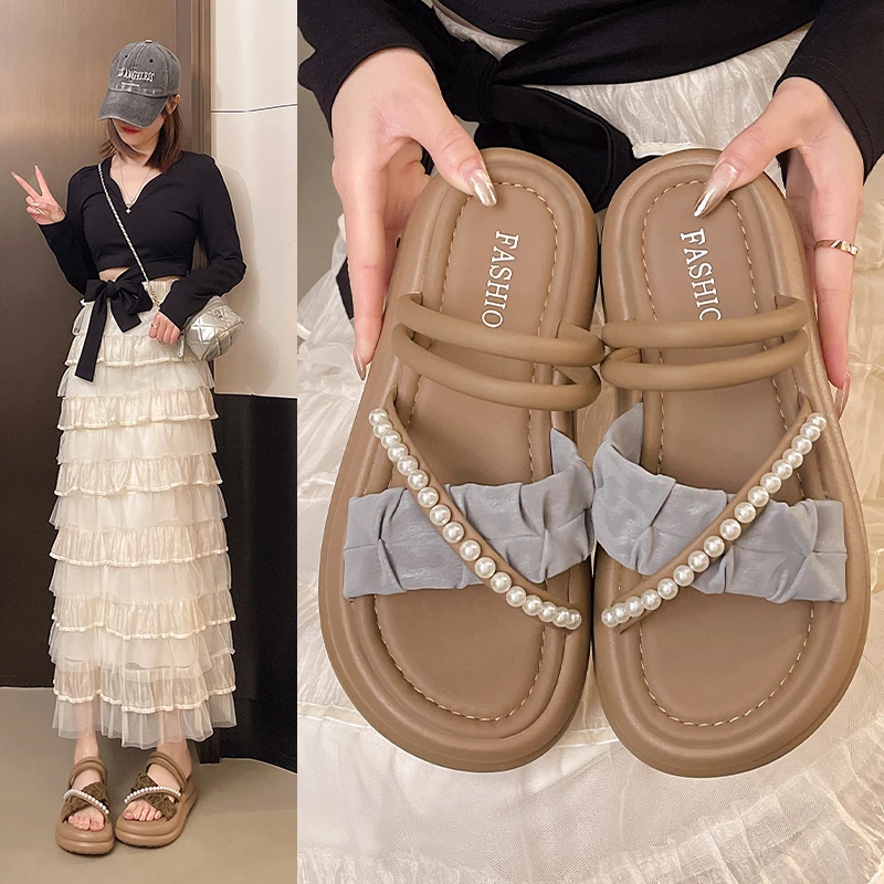 踩屎感凉鞋女夏季外穿2024新款平底两穿珍珠凉拖鞋软底防滑沙滩鞋