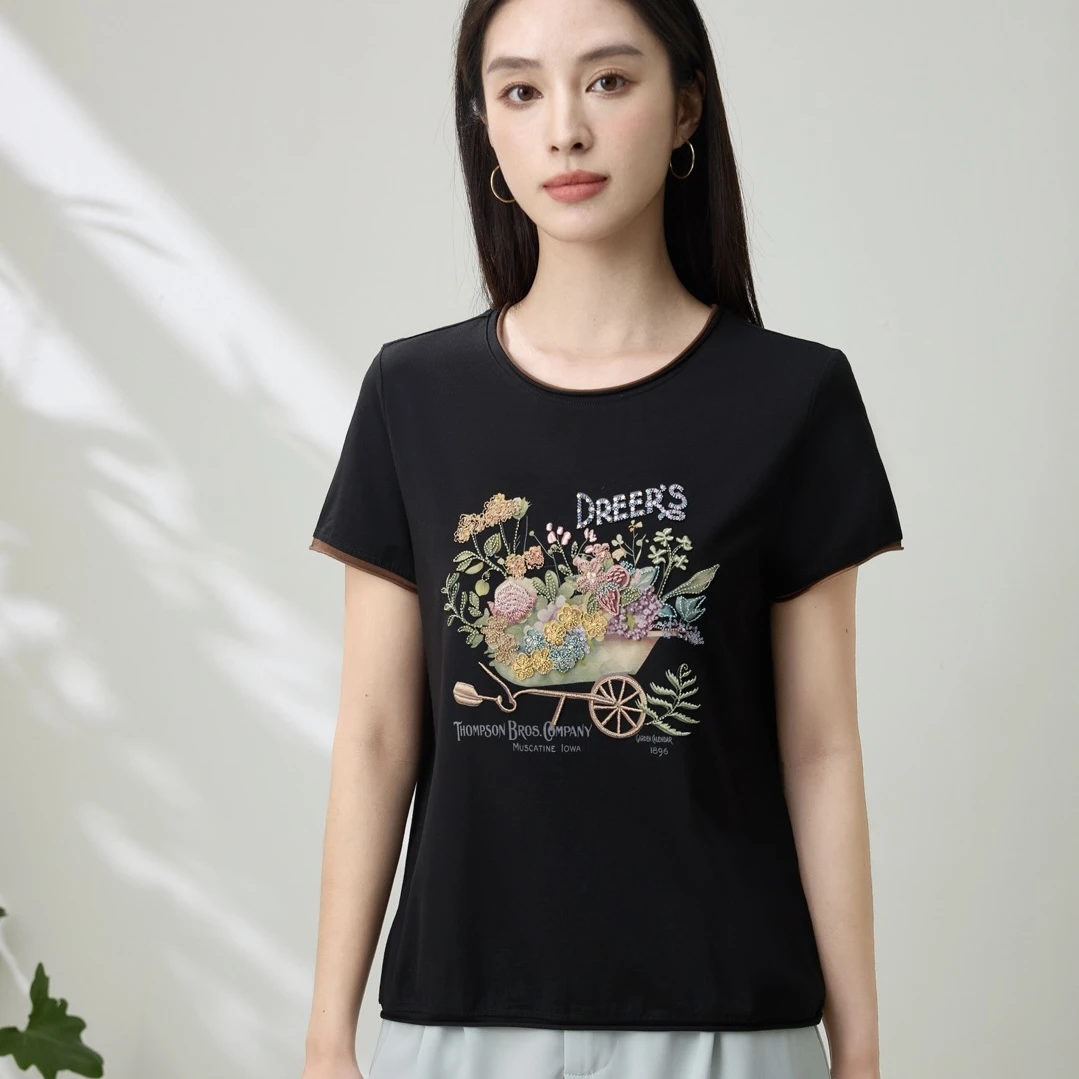 【高品质棉衫】妈妈装重工刺绣圆领莫代尔棉短袖时尚百搭85021