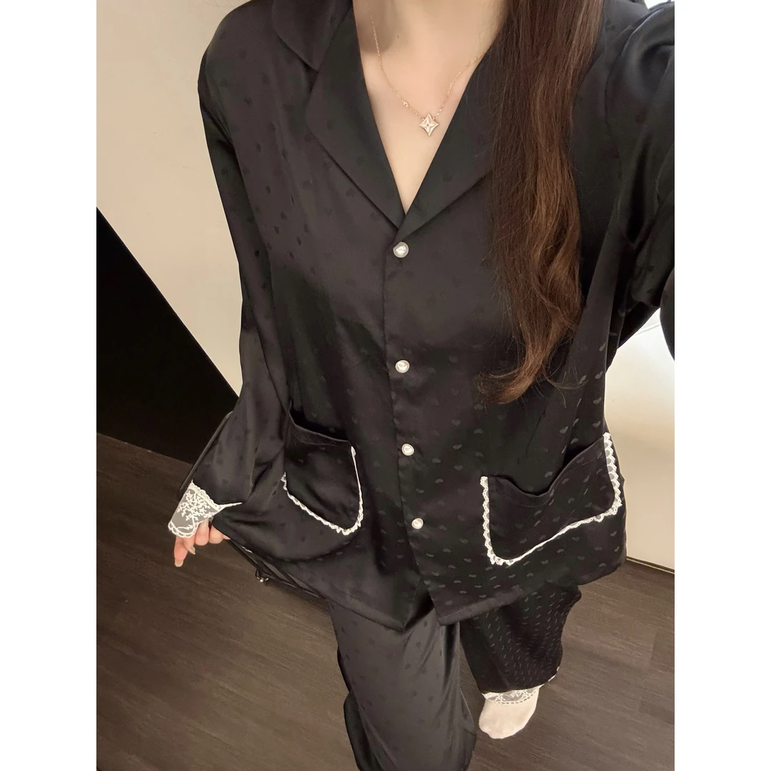 法式蕾丝花边高级感轻奢冰丝小爱心睡衣女秋季冰丝长款家居服套装