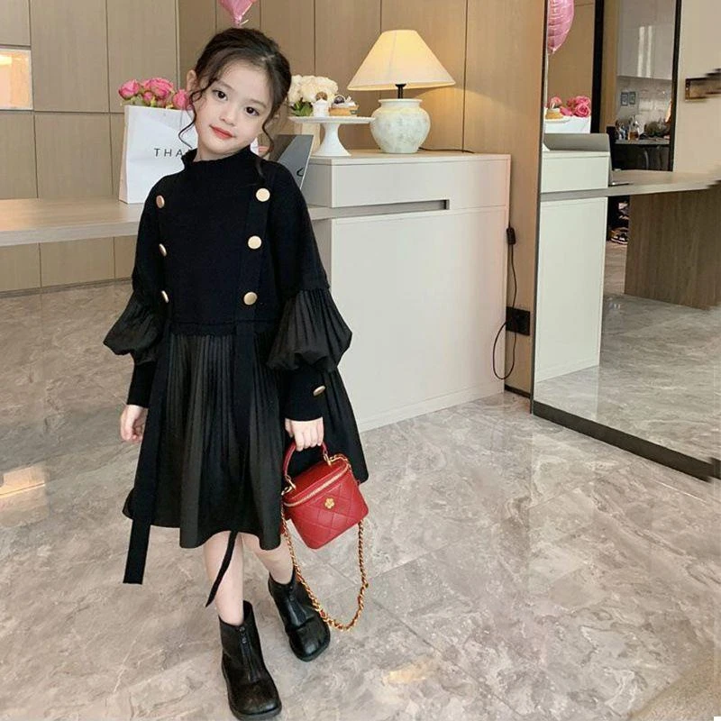 童装中大女童连衣裙春秋装赫本风黑色设计感拼接毛线裙儿童百褶裙