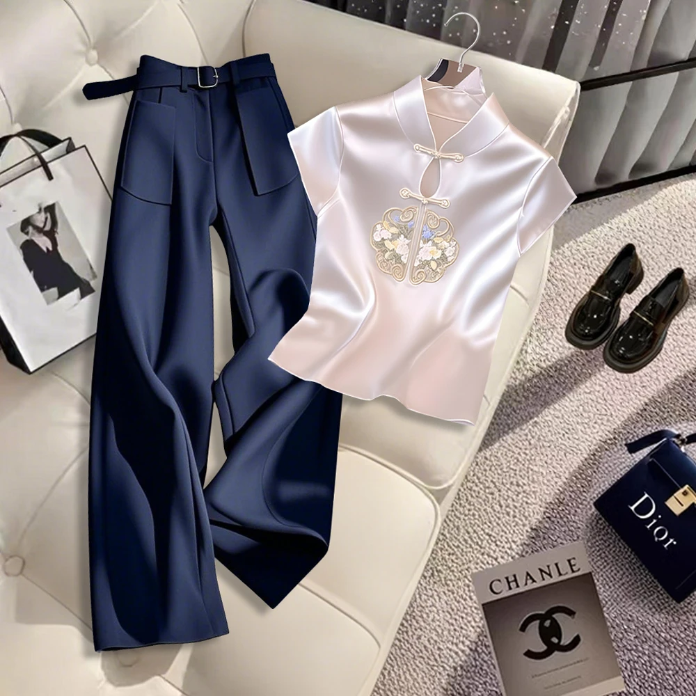 新中式小飞袖上衣女夏别致甜辣中装旗袍上衣休闲直筒阔腿裤两件套