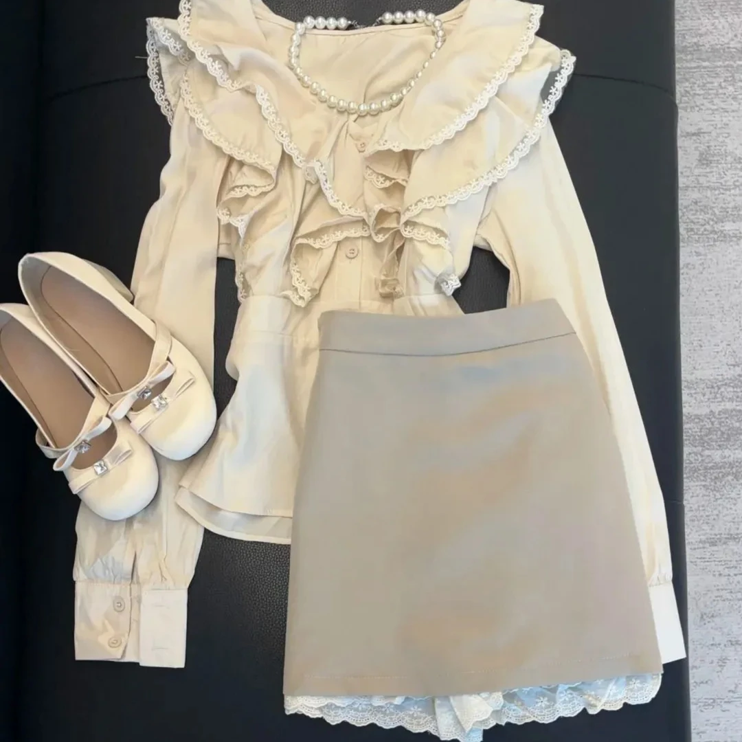 韩系贵气千金小姐穿搭一整套早秋新款独特别致衬衫蕾丝短裙两件套