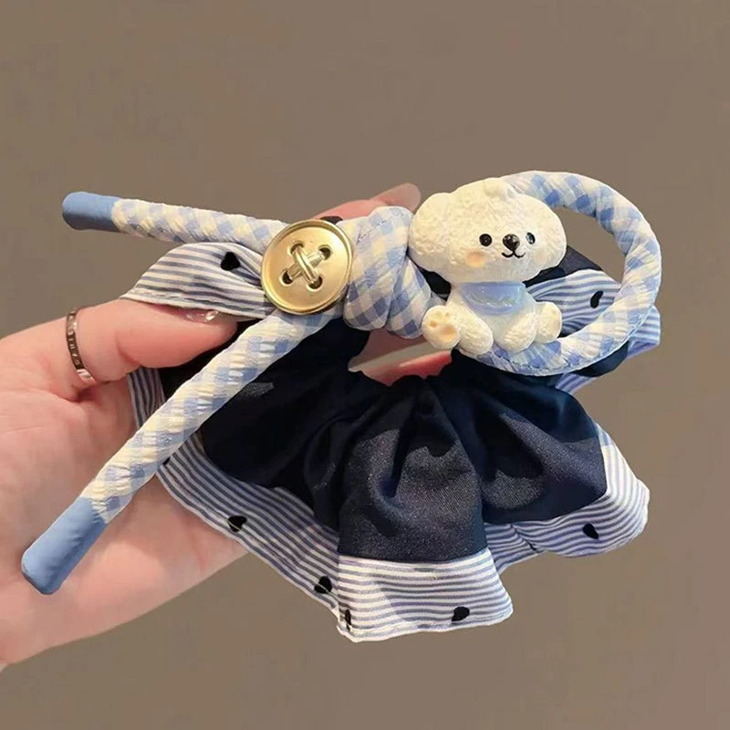 可爱小狗蓝格纹蝴蝶结发圈藏青布艺大肠圈2025新款小清新发圈百搭