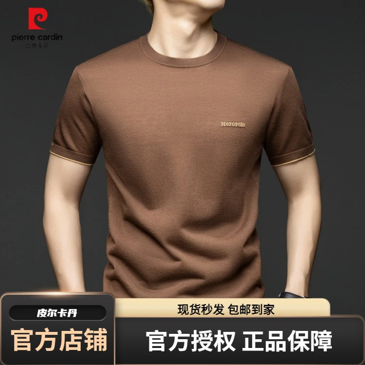 皮尔卡丹夏季新款男士薄款纯色圆领T恤宽松透气商务休闲莱赛尔针
